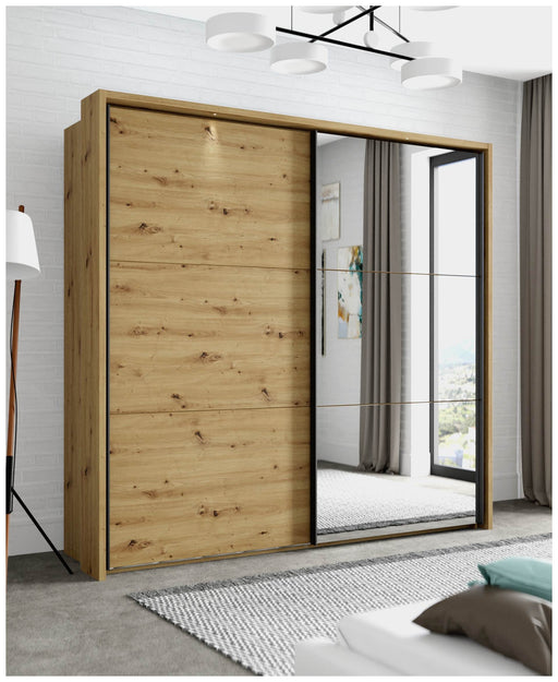 Schwebetürenschrank TRONDHEIM mit einer Schiebetür aus Spiegelglas und einer Tür in Artisan Eiche, Gesamtansicht.