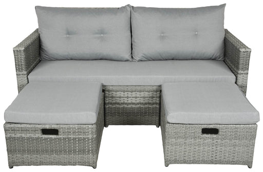 Gartensofa MALTA aus Polyrattan in Schilfgrau mit ausziehbaren Fußhockern und grauen Auflagen in Gesamtansicht.