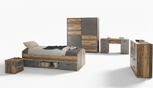 Jugendzimmer WINNIE 5-tlg. Komplettset in Old Wood Vintage und Betonoptik, Gesamtansicht.
