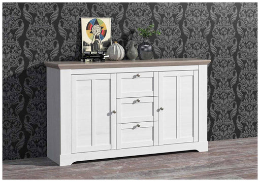 Sideboard Kommode ILOPPA 2-trg. 3 Schubladen in Schneeeiche mit zwei Türen und mittigen Schubladen, Gesamtansicht.