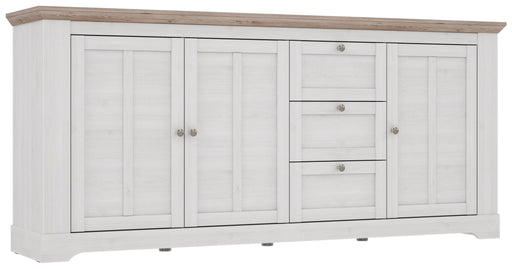 Sideboard ILOPPA in Schneeeiche-Optik mit drei Türen, drei Schubladen und Holzplatte, Gesamtansicht von vorne.