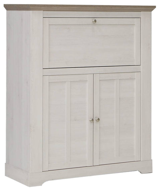 Barschrank Highboard ILOPPA 2-trg. 1 Klappe in Schneeeiche mit oberer Klappe und zwei unteren Türen, Gesamtansicht.