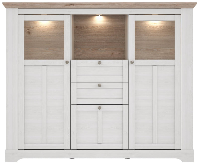 Highboard Vitrine ILOPPA 3-trg. 2 Schubladen Optik Schneeeiche Forte