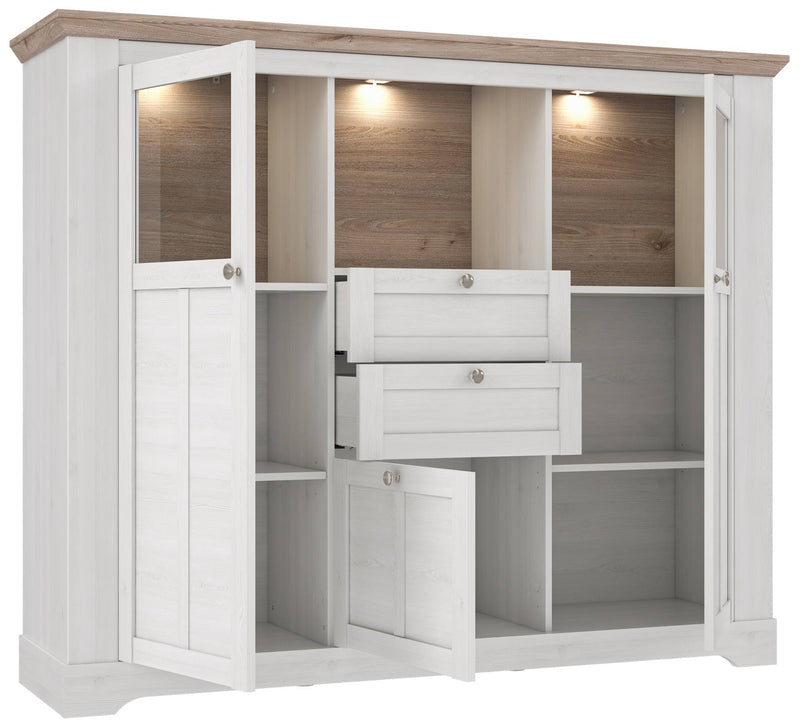 Highboard Vitrine ILOPPA 3-trg. 2 Schubladen Optik Schneeeiche Forte