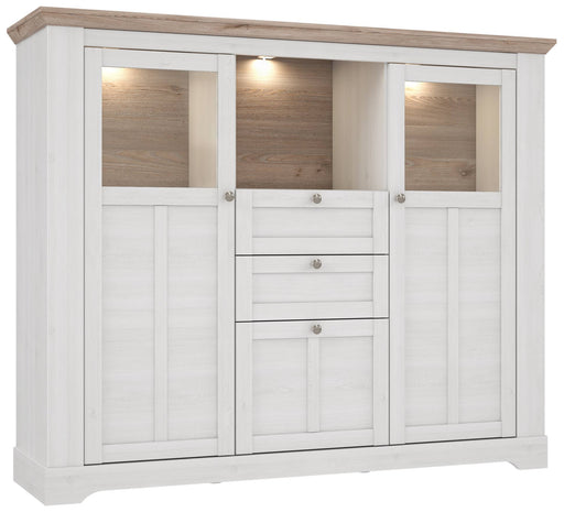 Highboard Vitrine ILOPPA 3-trg. 2 Schubladen in Schneeeiche mit Glastüren und Absetzungen, Gesamtansicht.