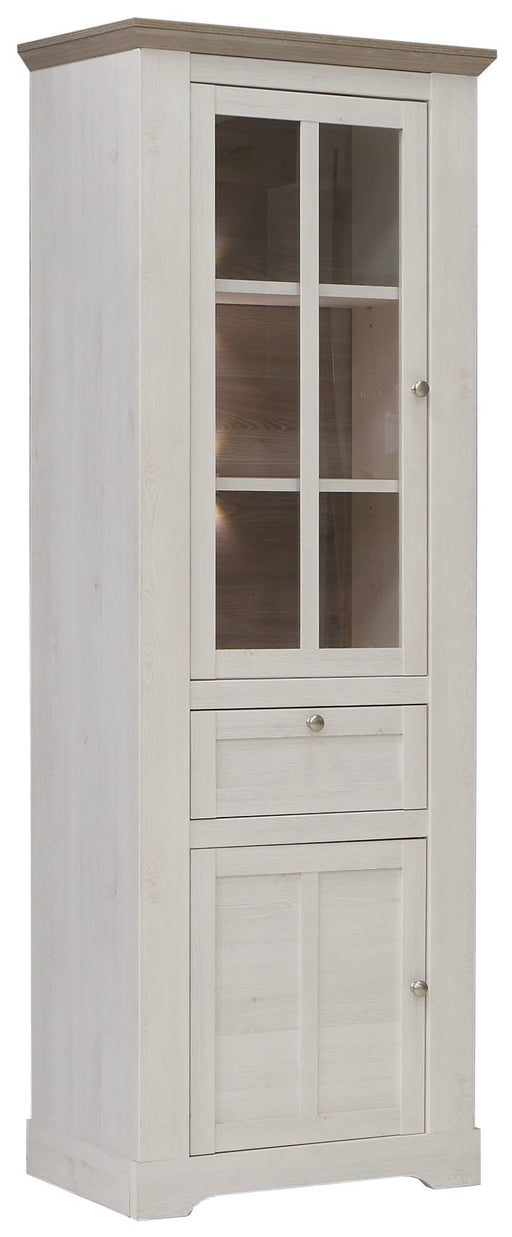 Vitrine ILOPPA 2-trg. mit Glastür, Schublade und Schranktür in Schneeeiche Optik, Gesamtansicht.