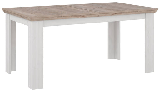 Esstisch Ausziehtisch ILOPPA 160 x 90 cm mit Schneeeiche-Platte und weißem Gestell in Gesamtansicht von vorn.