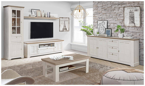 ILOPPA 3 Wohnzimmer 5-tlg. Komplettset in Schneeeiche Optik mit TV-Bank, Vitrine und Sideboard in Gesamtansicht.