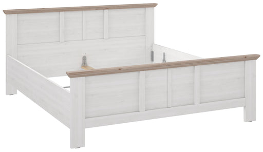 Doppelbett ILOPPA 180 x 200 cm in Schneeeiche mit Kopfteil und Bettpfosten in Gesamtansicht von vorne.