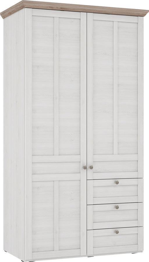 Kleiderschrank ILOPPA in Schneeeiche mit zwei Türen und drei Schubladen, Gesamtansicht von vorn.