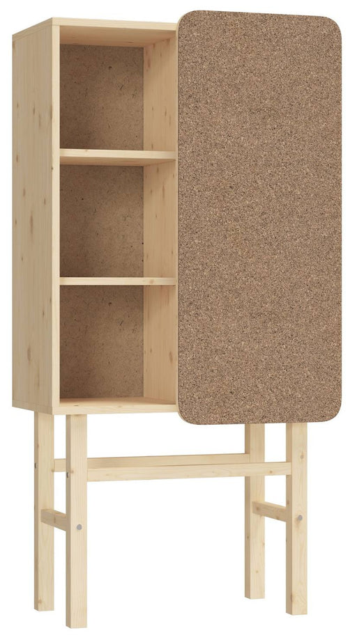 Schiebetürenkommode SLIDE mit Kork Pinnwand in Kiefer, Gesamtansicht mit offenen Fächern und Korkfront.