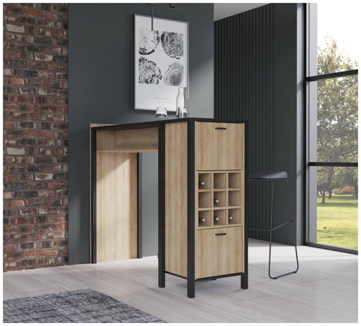 Stehtisch Bartisch HIGH ROCK in Riviera Eiche-Optik mit schwarzem Metallgestell, Gesamtansicht in Wohnumgebung.