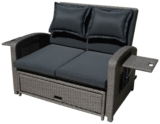 Multifunktions-Sofa NIZZA mit ausgeklapptem Bettgestell, hochgeklappter Rückenlehne und zwei Kissen, Gesamtansicht.