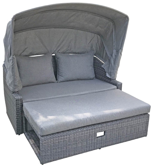 Gartensofa MONTE CARLO mit ausgefahrener Liegefläche, Sonnendach und zwei Kissen in Dunkelgrau, Gesamtansicht von vorne.