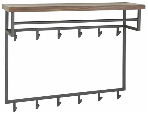 Wandgarderobe DAYTON mit Hutablage aus Saja Nussbaum und grauem Metallgestell mit zwölf Haken in Gesamtansicht.