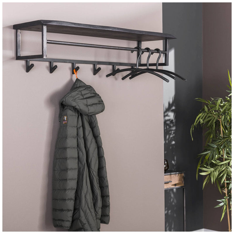 Garderobe Wandgarderobe YUKON 6 Haken Hutablage Stahl Akazie Schwarz