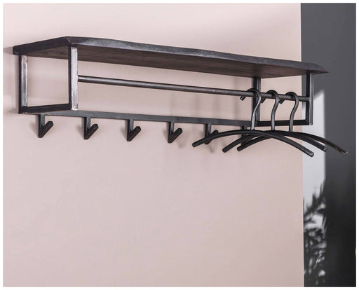 Garderobe YUKON Wandgarderobe mit 6 Haken, Hutablage und Kleiderstange in Stahl und Akazie Schwarz.