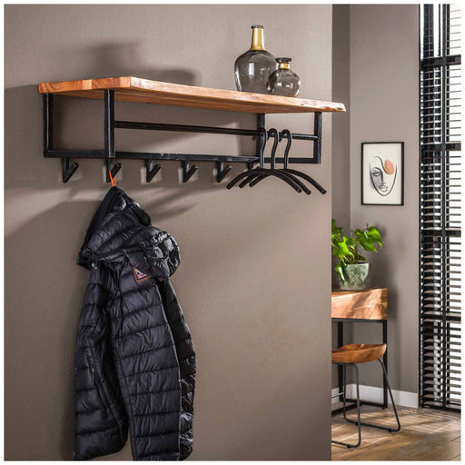 Wandgarderobe KANT Akazie massiv mit Baumkante und Stahl, Gesamtansicht mit Holzablage, Metallrahmen und fünf Hakenstangen.