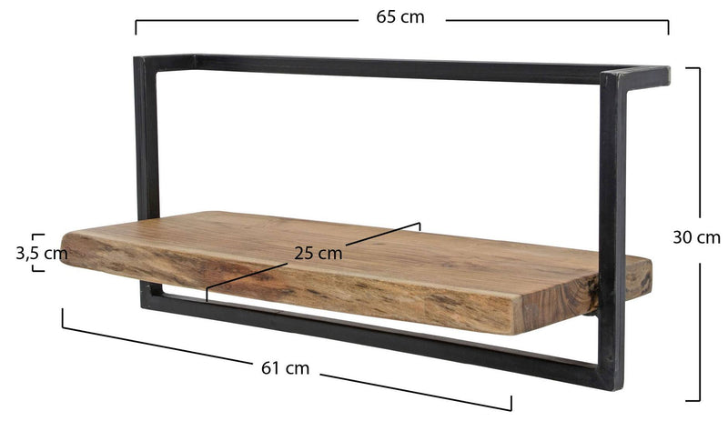Wandregal KANT 65 cm Stahlrahmen und Akazie Massivholz mit Baumkante