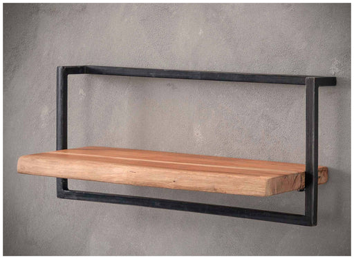 Wandregal KANT 65 cm mit Akazie-Massivholzablage und schwarzem Stahlrahmen in Gesamtansicht.