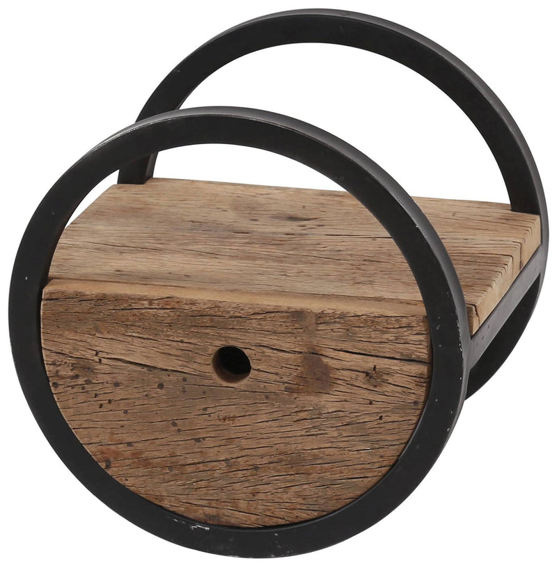 Wandregal OUD 30 rund Stahlrahmen Hartholz Altholz mit Schublade