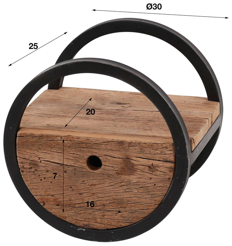 Wandregal OUD 30 rund Stahlrahmen Hartholz Altholz mit Schublade