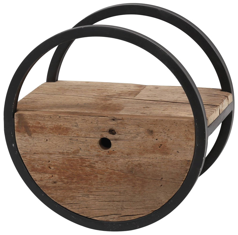 Wandregal OUD 40 rund Stahlrahmen Hartholz Altholz mit Schublade