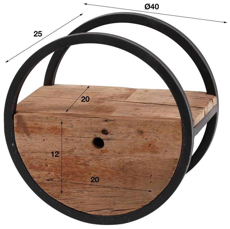 Wandregal OUD 40 rund Stahlrahmen Hartholz Altholz mit Schublade