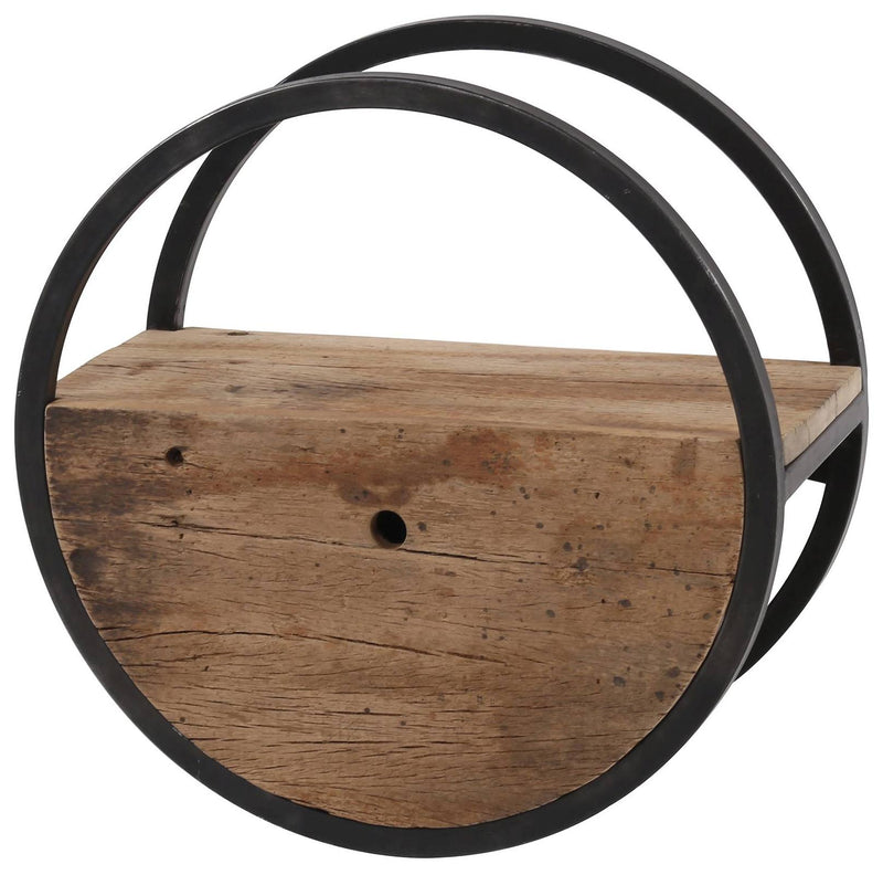 Wandregal OUD 50 rund Stahlrahmen Hartholz Altholz mit Schublade