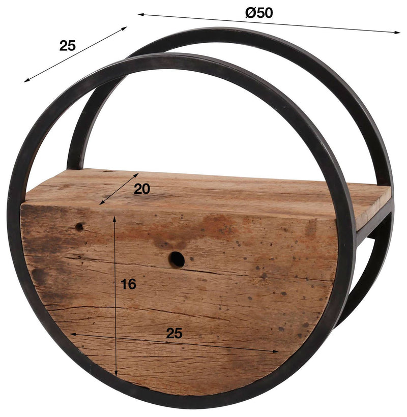 Wandregal OUD 50 rund Stahlrahmen Hartholz Altholz mit Schublade