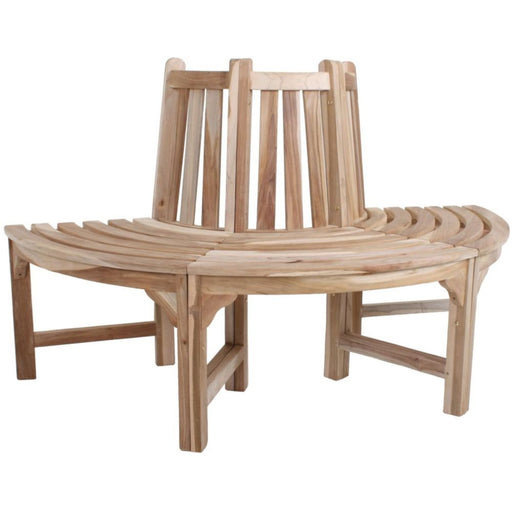 Baumbank Hälfte JAVA aus Teak in Natur, Gesamtansicht mit gebogener Sitzfläche und vertikalen Rückenlehnen-Stäben.
