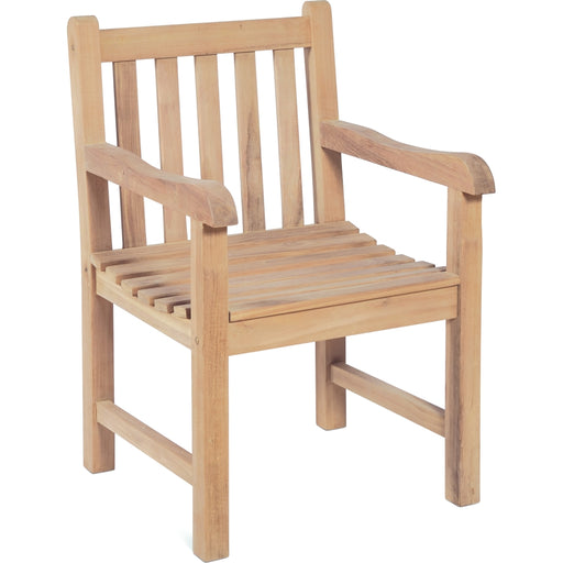 Stabiler Gartensessel SOLO aus Teak mit Armlehnen, Gesamtansicht von vorne mit sichtbarer Rückenlehne und Sitzfläche.