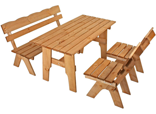 Tischgruppe Gartengruppe SCHWARZWALD 4-teilig aus FSC Kiefer in Natur mit rechteckigem Tisch, Stühlen und Bank.