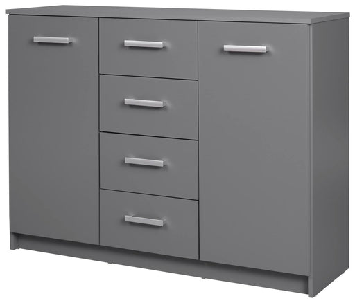 Sideboard Kommode ELENZIO 2T4S Graphit Grau mit zwei Türen seitlich und vier Schubladen in der Mitte, Gesamtansicht.