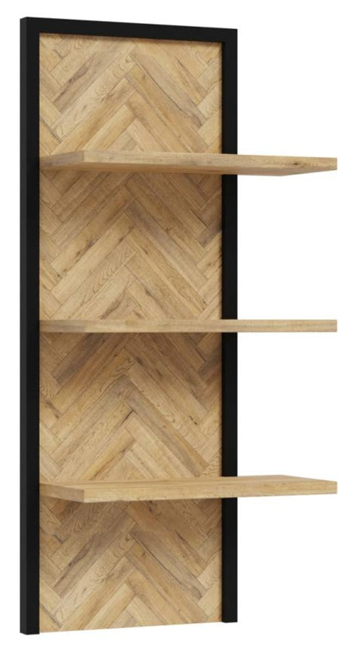 Wandboard SOLLETICO mit drei Ablagen in Bartex-Eiche mit Fischgrätoptik, Gesamtansicht von vorne.