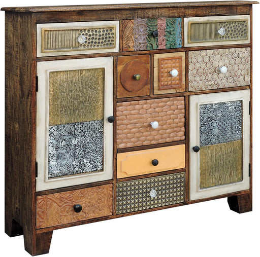 Sideboard Anrichte Kommode KALAY in Gesamtansicht mit Schubfächern, Türen und strukturiertem Oberflächenmuster in Braun- und Beigetönen.