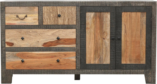 Sideboard TARIM von vorne mit vier Schubladen und zwei Türen aus Mango- und Akazienholz in Natur- und Braungrau.