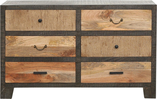 Gesamtansicht der Sideboard Anrichte TARIM mit sechs Schubladen in Mangoholz und braungrauem Rahmen.
