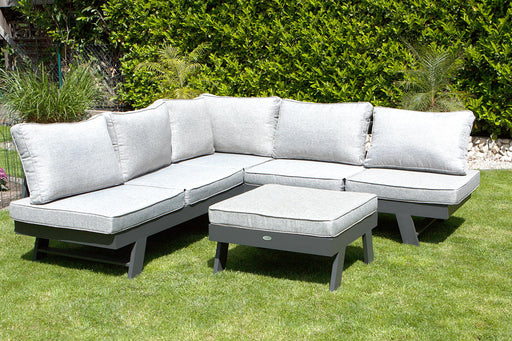 Garten Ecksofa DONNA L-förmig mit Polster in Grau, Gesamtansicht von vorne mit Couchtisch.