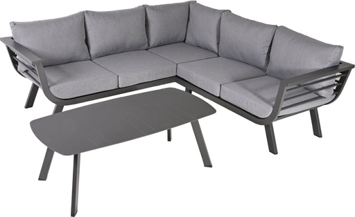 Garten Lounge-Gruppe Sitzgruppe AURELIA in Dunkelgrau mit grauer Polsterung, Gesamtansicht mit Ecksofa und Tisch.
