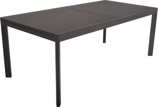 Garten Ausziehtisch NEREA mit grauer Keramik-Tischplatte und schwarzem Aluminium-Gestell in Gesamtansicht.