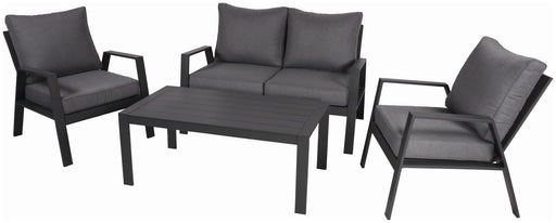 Alu Garten Lounge Sitzgruppe VICTORIA 4-tlg in Anthrazit mit Sofa, zwei Sesseln und Couchtisch in Gesamtansicht.