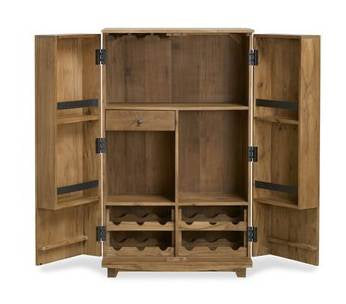Barschrank Weinschrank BOMBAY mit geöffneten Türen, Regalen und Weinflaschenhaltern in Gesamtansicht.