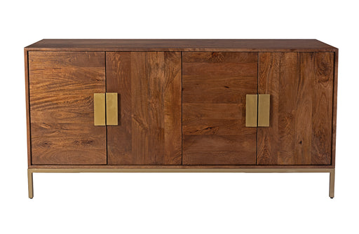 Sideboard Anrichte BALARRY aus Mangoholz in Gesamtansicht mit vier Türen und goldenen Griffen.