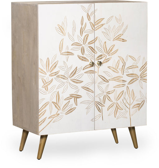 Sideboard Kommode SIKAR mit zweiflügeliger Frontseite, Blattmotiv in Beige-Gold und metallischen Beinen in Schrägansicht.
