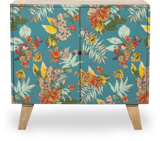 Sideboard Kommode REIPUR mit zweiflügeliger Frontseite in Blaugrün und farbenfrohem Blumenmuster, Holzbeinen.