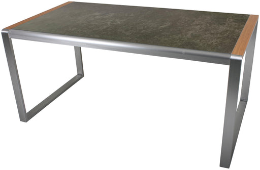Alu Gartentisch AVERNA 160 x 90 cm mit Glasplatte in Granitstein Optik und Metallgestell in Gesamtansicht.