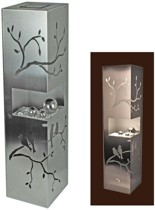 Gartensäule Dekosäule mit Solarbeleuchtung Motiv VÖGEL AUF ZWEIG, beleuchtete Vitrinenfläche, Gesamtansicht.