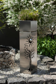 Outdoor Edelstahl Pflanzsäule mit Baum- und Sonnenmustern 102 cm hoch