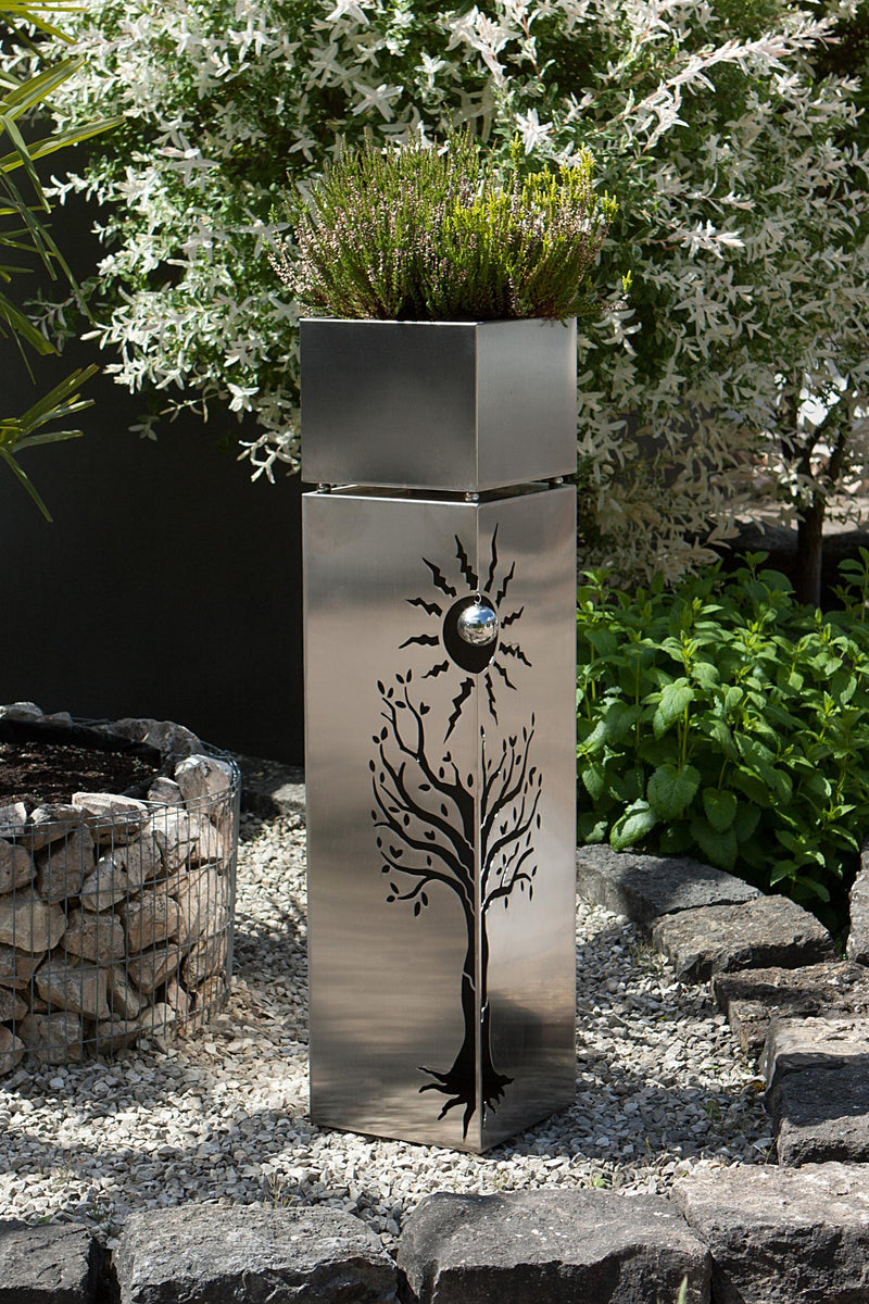 Outdoor Edelstahl Pflanzsäule mit Baum- und Sonnenmustern 102 cm hoch